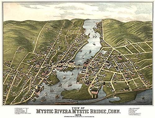 Mystic River & Mystic Bridge, Connecticut - 1879 - Aerial Birds Eye View Map Poster