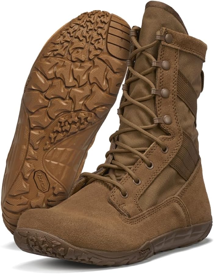 TACTICAL RESEARCH Mini-Mil TR105 8" Tactical Boots for Men - Minimalist Military Boots - Army/Air Force OCP ACU Coyote Brown Leather with Low Drop & Slip-Resistant Vibram Tarsus Outsole 10.5 Wide Coyote