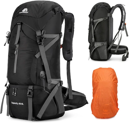 70L Hiking Backpack Men/Women, Lightweight Camping Backpack, Foldable & Packable Daypack Backpacks for Outdoor, Travel Bag With Rain Cover (Black) Black 70L