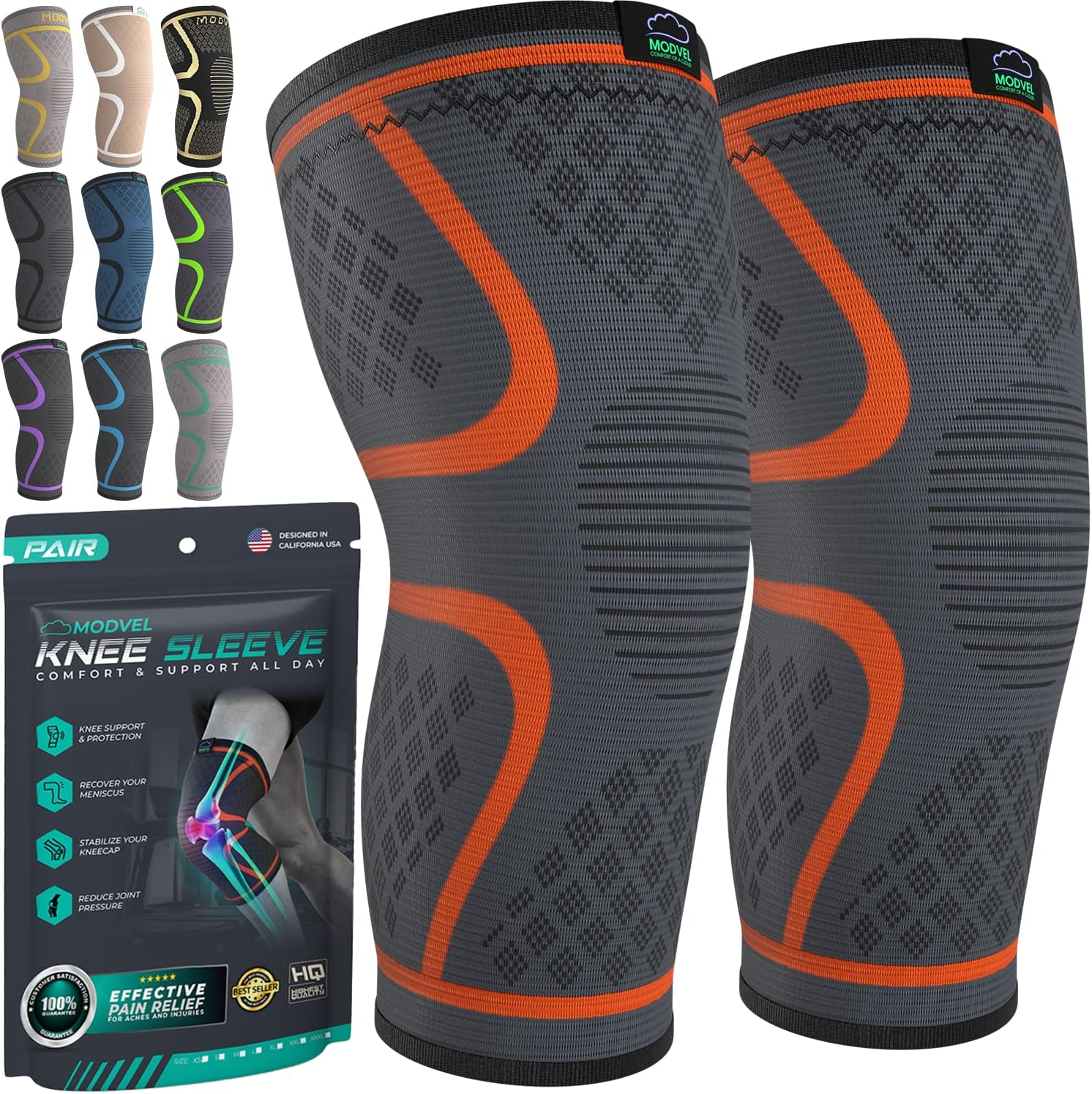 Compression Knee Brace for Women & Men, 2-Pack Knee Brace for Running Knee Pain, Knee Support Compression Sleeve, Workout Sports Knee Braces for Meniscus Tear, ACL & Arthritis Pain Relief Medium A Orange