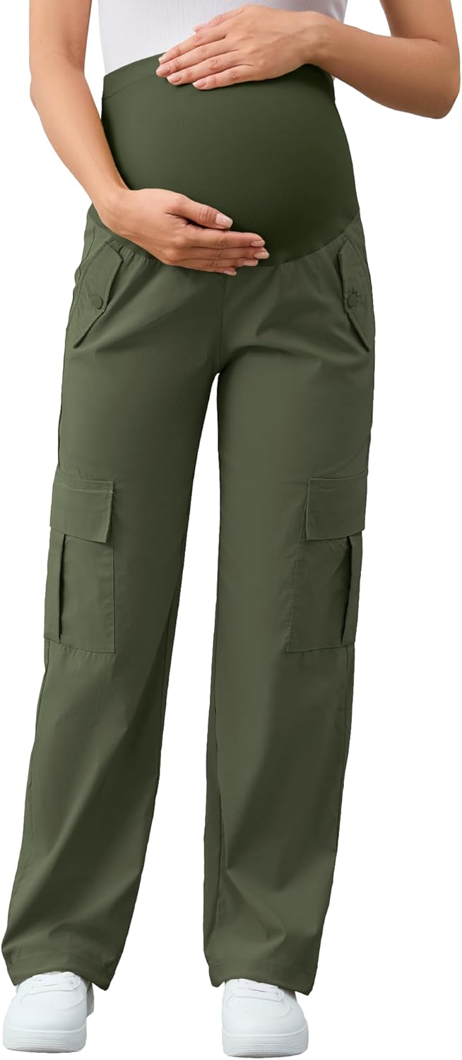 Women's Maternity Cargo Pants with 6 Pockets Quick-Dry Pregnancy Hiking Pants Olive X-Large