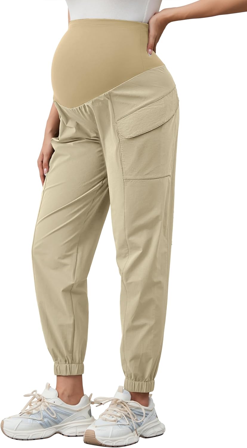 Women's Maternity Cargo Joggers Quick-Dry Hiking Pants Active Outdoor Casual Pregnancy Sweatpants Khaki Large