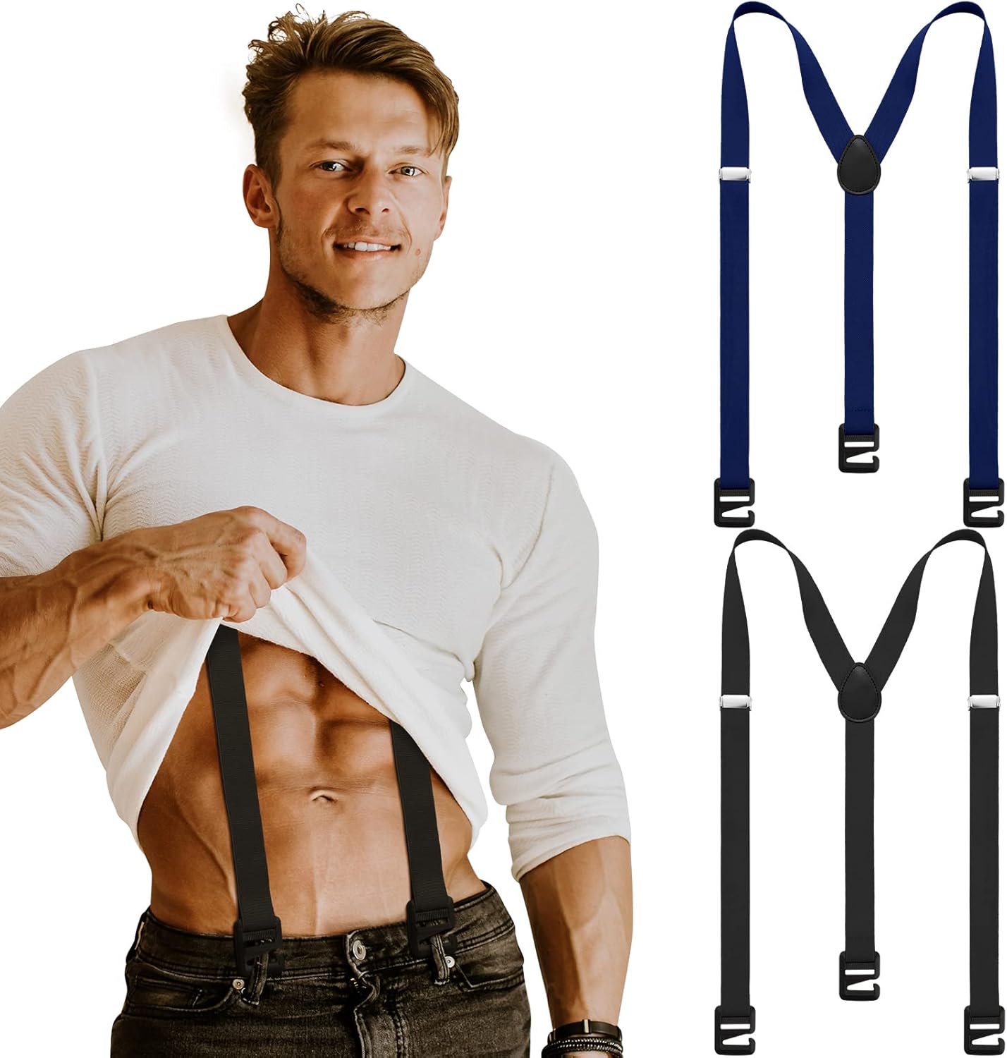 2 Pcs Hidden Suspenders for Men Hiking Undergarment Suspenders for Winter Untucked Men Outdoor Hiking Ski Pant 47in-Large Black, Navy