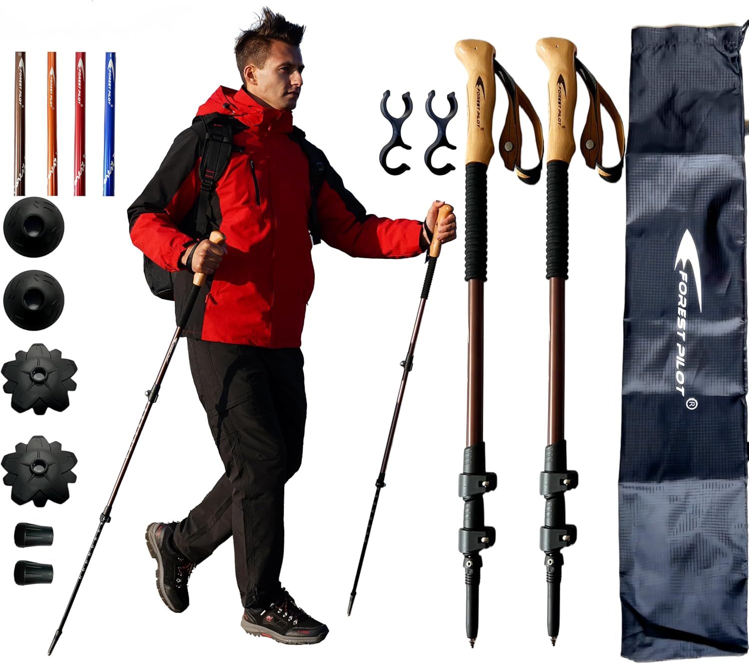 Trekking Poles - Lightweight 7075 Aluminum with Flip Lock & All Terrain Accessories - Pair of 2 Walking Sticks for Hiking with EVA or Beech Wood Grip BeechWoodGrip-Brown