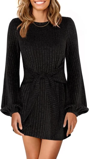 Womens Long Lantern Sleeve Ribbed Knit Casual Lightweight Tie Waist 2025 Fall Cocktail Short Mini Sweater Dress Black Small