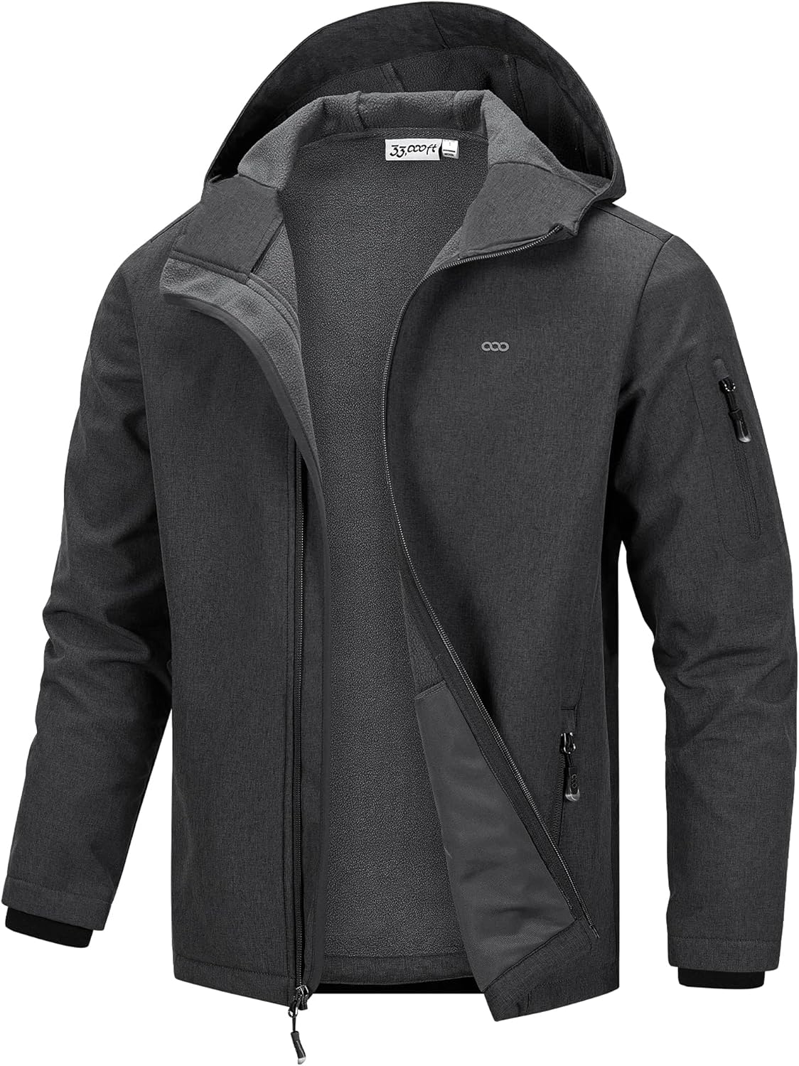 33,000ft Men's Hooded Softshell Jacket Waterproof Lightweight Insulated Windbreaker Fleece Lined Rain Shell Jacket X-Large Darkgrey Melange
