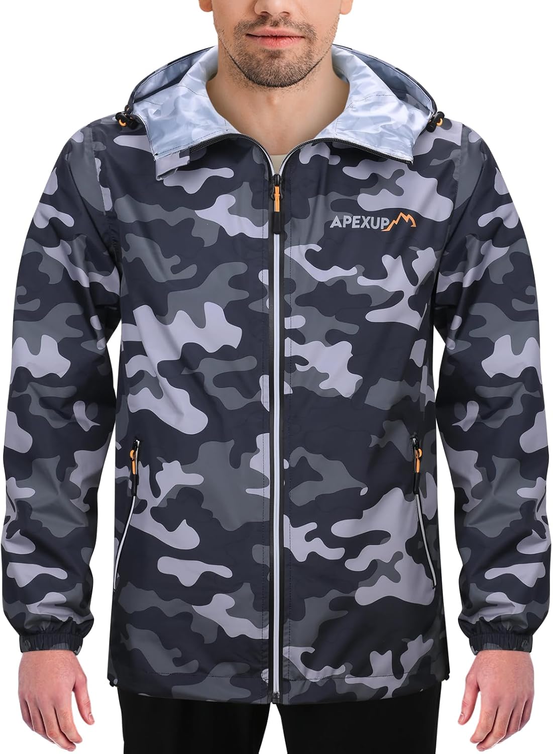 Packable Rain Jacket Men with Reflective Zipper, Lightweight Waterproof Raincoat, Mens Rain Jacket for Outdoor Sports Camo X-Large