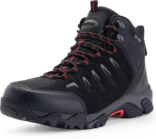 Men's Waterproof Hiking Boots Non-Slip Lightweight Outdoor Mid Top Ankle Boot Breathable Hiker Trekking Shoes 11 Black/Red