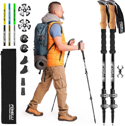 Trekking Poles – Lightweight Collapsible Aircraft Grade Aluminum Hiking Poles with Cork Grips Quick Locks & All-Terrain Accessories – Pair of 2 Black