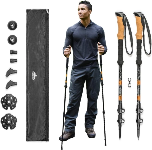 Lightweight Aircraft-Grade Aluminum Trekking Poles with Extended Down Grip Plus Tip Kit Orange (Cork Grip) Quick Lock Trekking Poles