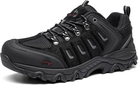 Men's Waterproof Hiking Shoes Leather Low-Top Hiking Shoes for Outdoor Trailing Trekking Camping Walking Quest 11 Wide Black/Grey