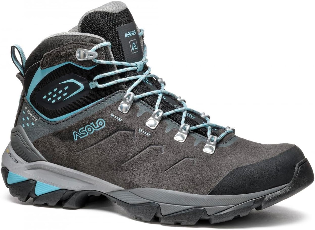 ASOLO Women's ACADIA MID LTH GTX Bunion Fit Breathable Water-Resistant Suede Hiking Trekking Boots with High-Traction Outsole 7.5 Wide Graphite/Sky Blue