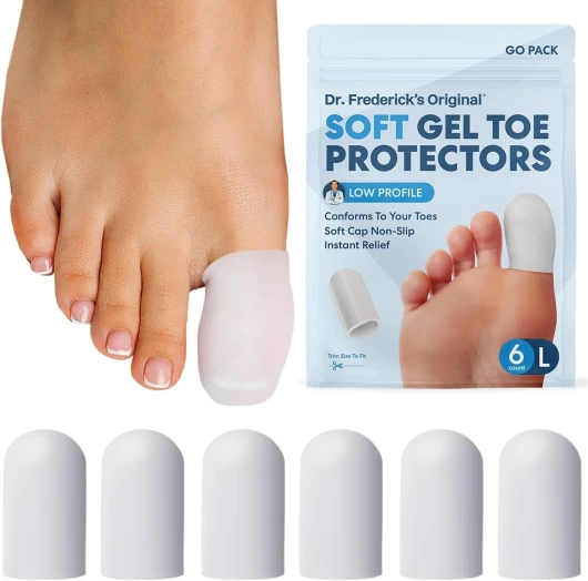 Dr - Frederick's Original Soft Gel Toe Protectors for Men & Women - 6 ct - Toe Caps for Foot Pain Relief - Sleeves for Ingrown Toenails, Corns, Calluses, and Blisters - Large - White Large White