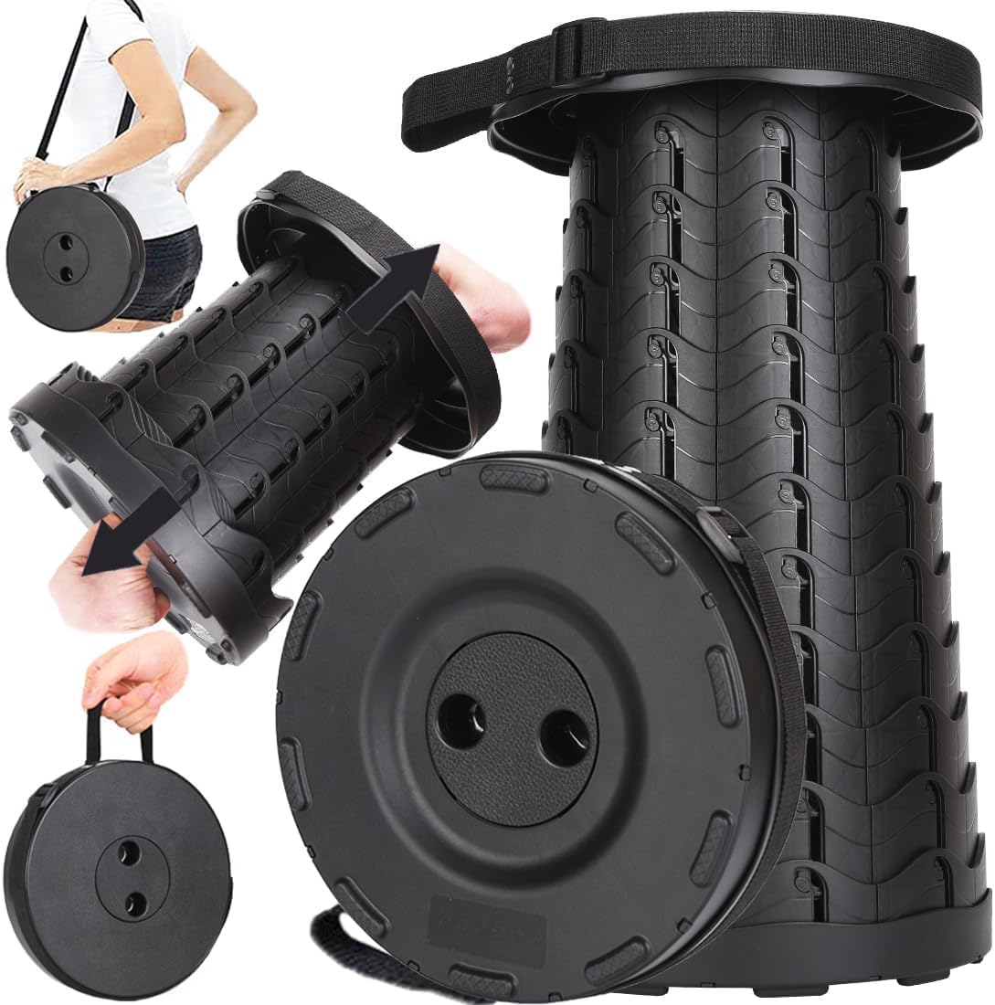 Fishboy Upgraded Collapsible Stool, 400lbs Max Weight, Lightweight But Sturdy, Portable Retractable Folding Telescoping Foldable Camping Stool for Adults Outdoor Fishing Hiking Travel BBQ Black