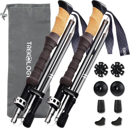 Trek-Z Cork Grip Trekking Poles – Lightweight Folding Hiking Poles, Adjustable Height, Compact Travel Design, Aircraft-Grade Aluminum Walking Sticks for Men & Women Gray
