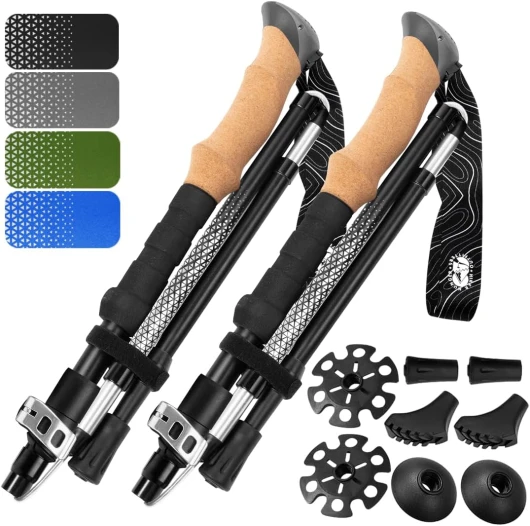 Premium Foldable Hiking Poles by USA Brand - Adjustable, Lightweight Trekking Poles Made of Aircraft Aluminum, Metal Flip Locks & Comfortable Real Cork and EVA Foam Grips Cork - Black 100-120 cm for Height: 5'9" and smaller