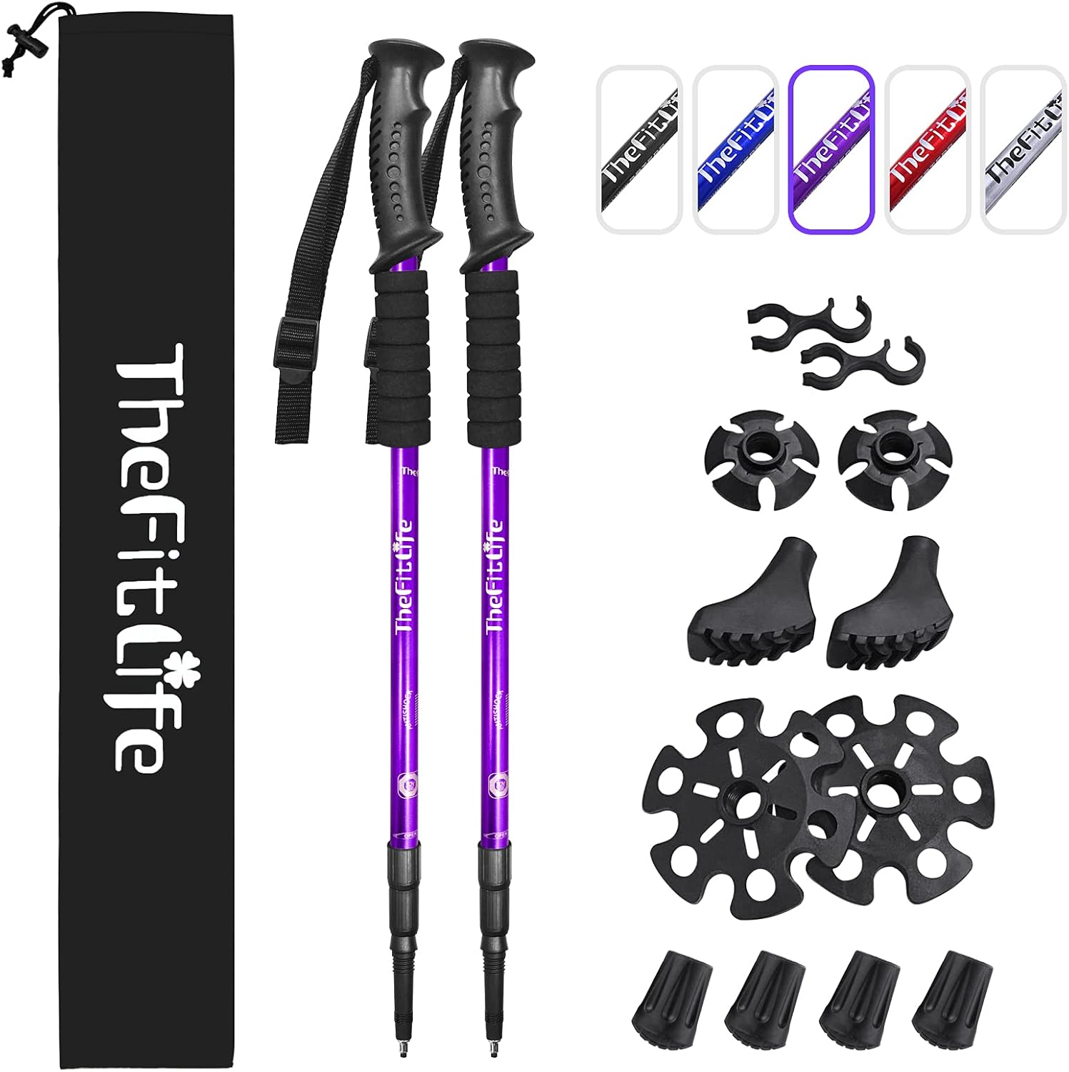 Nordic Walking Trekking Poles - 2 Sticks with Anti-Shock and Quick Lock System, Telescopic, Collapsible, Ultralight for Hiking, Camping, Mountaining, Backpacking, Walking, Trekking Purple