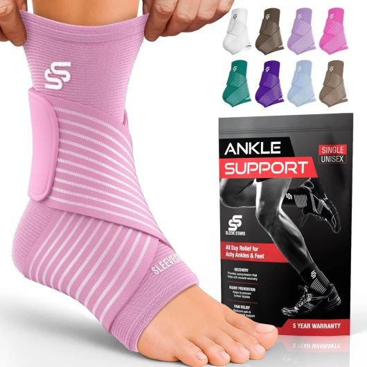 Sleeve Stars Ankle Brace for Sprained Ankle, Plantar Fasciitis Relief Ankle Support for Men and Women, Ankle Compression Sleeve w/ Strap (Single/Baby Pink) Medium Baby Pink 1