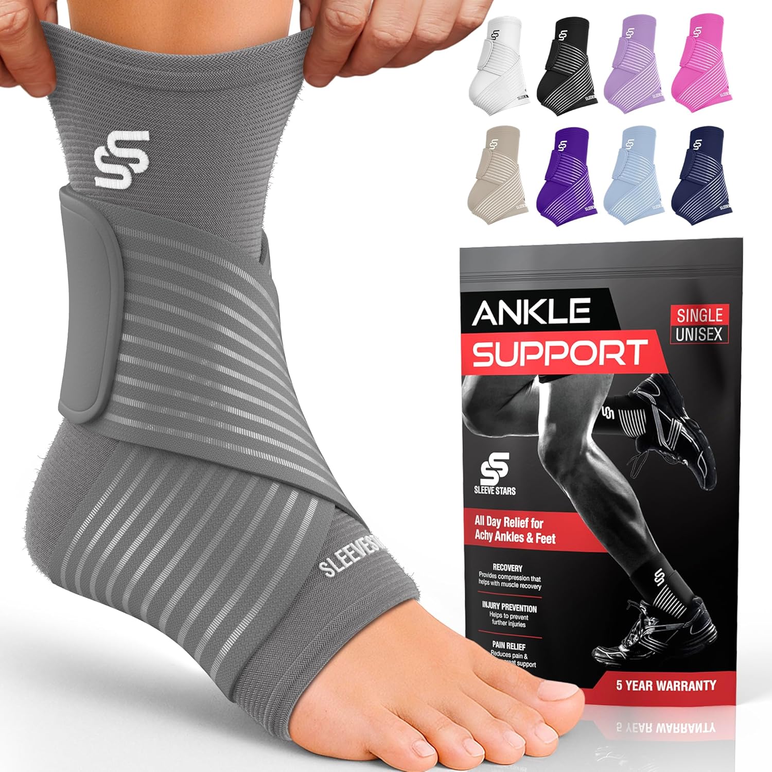 Sleeve Stars Ankle Brace for Women & Men, Ankle Wrap for Sprained, Compression Sleeve for Plantar Fasciitis Relief, Easy Customizable Support: w/ Removable Strap (Single/M:10"-12"/Gray) Medium Gray 1