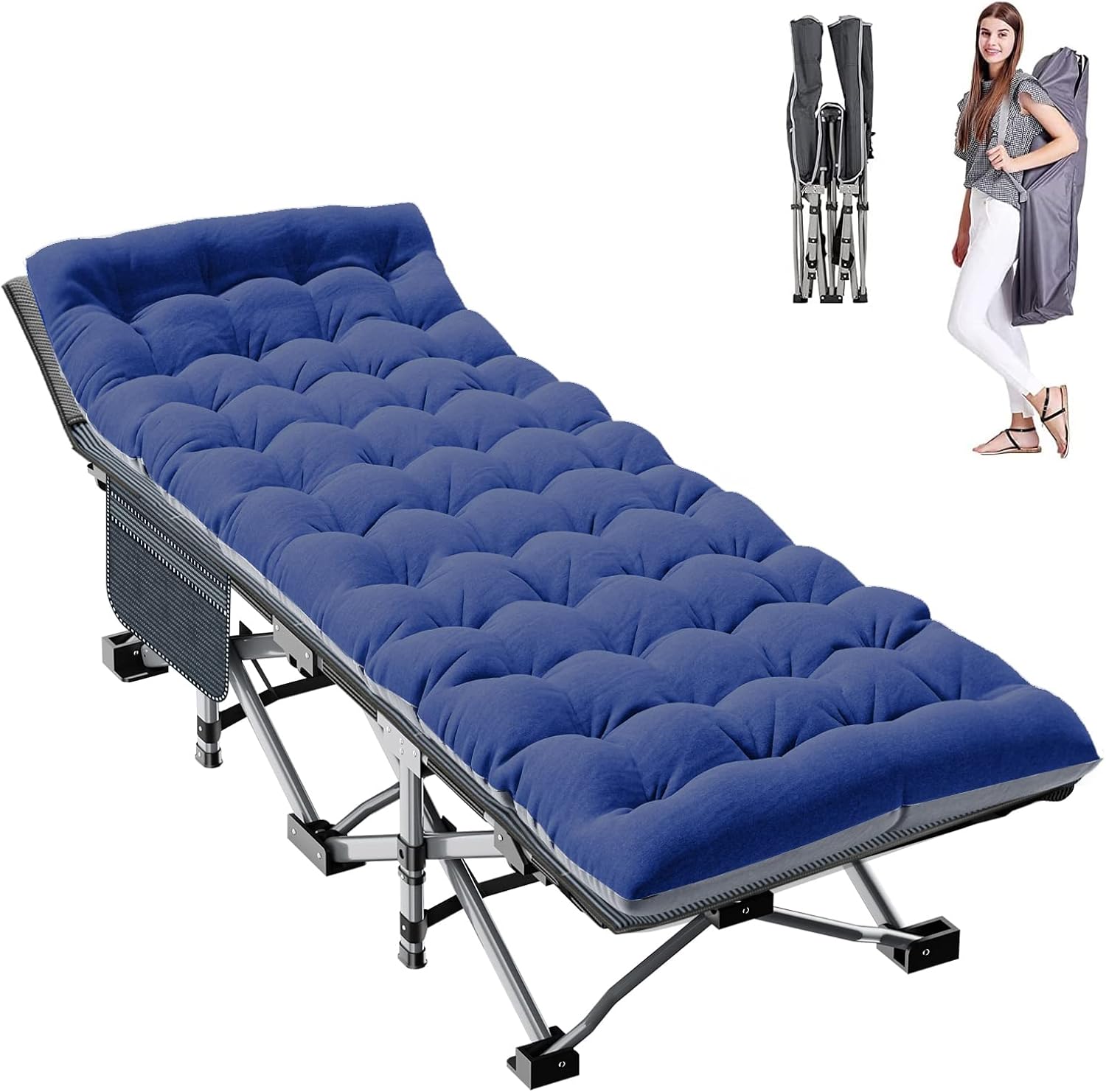 Folding Camping Cot W/Mat for Adults, Heavy Duty Outdoor Bed with Carry Bag,1200 D Layer Oxford Travel Camp Cots 1 Denim
