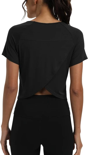 Workout Tops for Women Cropped Split Back Athletic Gym Exercise Shirts Loose Fit Large Black