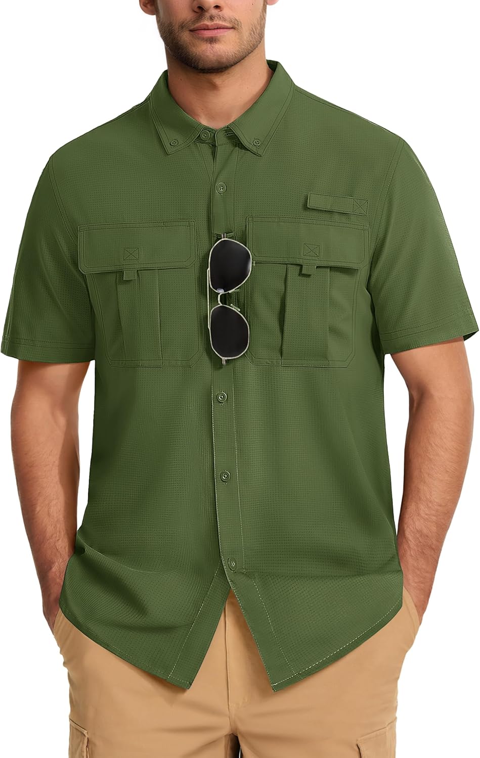 Men's UPF 50+ Fishing Shirts UV Sun Protection Cooling Quick Dry Short Sleeve Shirts for Hiking Safari Camping Green Large