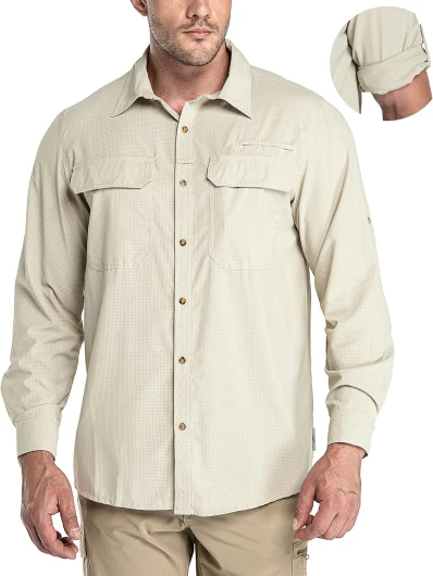 33,000ft Men's Long Sleeve Sun Protection Shirt UPF 50+ UV Quick Dry Cooling Fishing Shirts for Travel Safari Camping Hiking Medium Khaki
