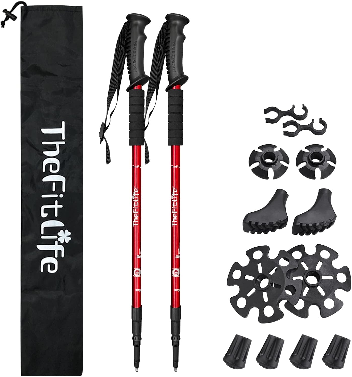 Nordic Walking Trekking Poles - 2 Sticks with Anti-Shock and Quick Lock System, Telescopic, Collapsible, Ultralight for Hiking, Camping, Mountaining, Backpacking, Walking, Trekking Red
