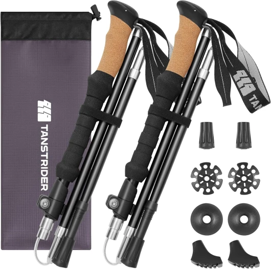 Collapsible Hiking Poles Folding Trekking Poles Walking Stick Lightweight Aluminum Hiking Gear with Metal Quick Lock,Cork Handle,Adjustable 2 PC Stick for Seniors Women Men Black