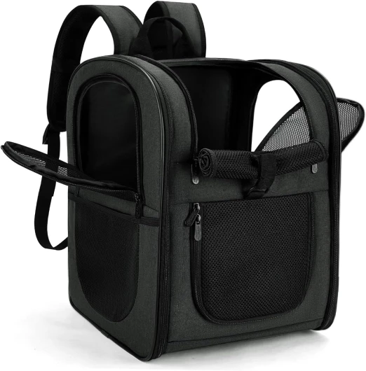 Dog & Cat Carrier Backpack for Medium/Small Pets - Ventilated Safe Design with Padded Back Support, Breathable Mesh Pet Backpack for Hiking, Travel, Outdoor (Black)