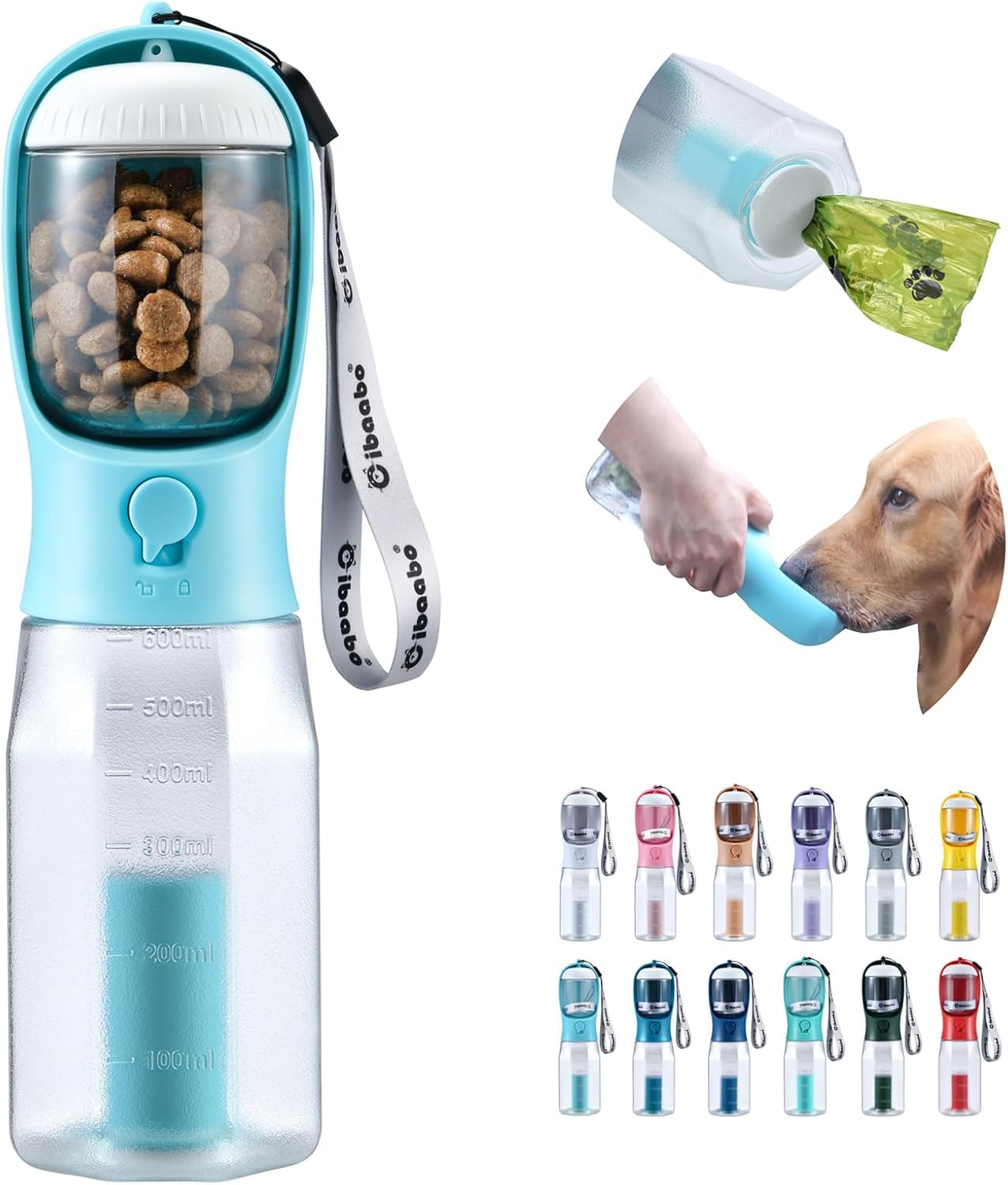Dog Water Bottle with Food Container & Poop Bag Holder, Travel Water Bowl, Portable Pet Dispenser, Dog Stuff Accessories Items, Puppy Essentials Necessities for Yorkie Chihuahua Walking Hiking #01 Blue 20 Ounces