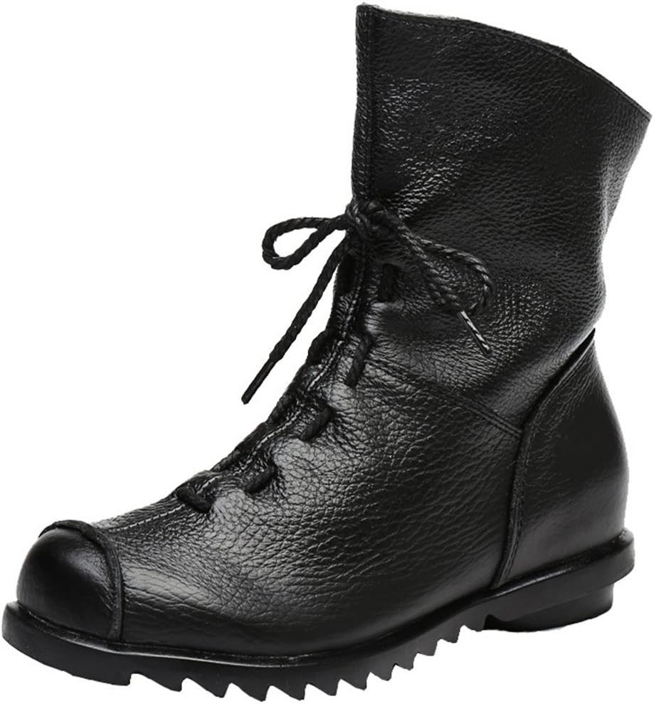 Women's Leather Casual Soft Flat Boots 10 Black