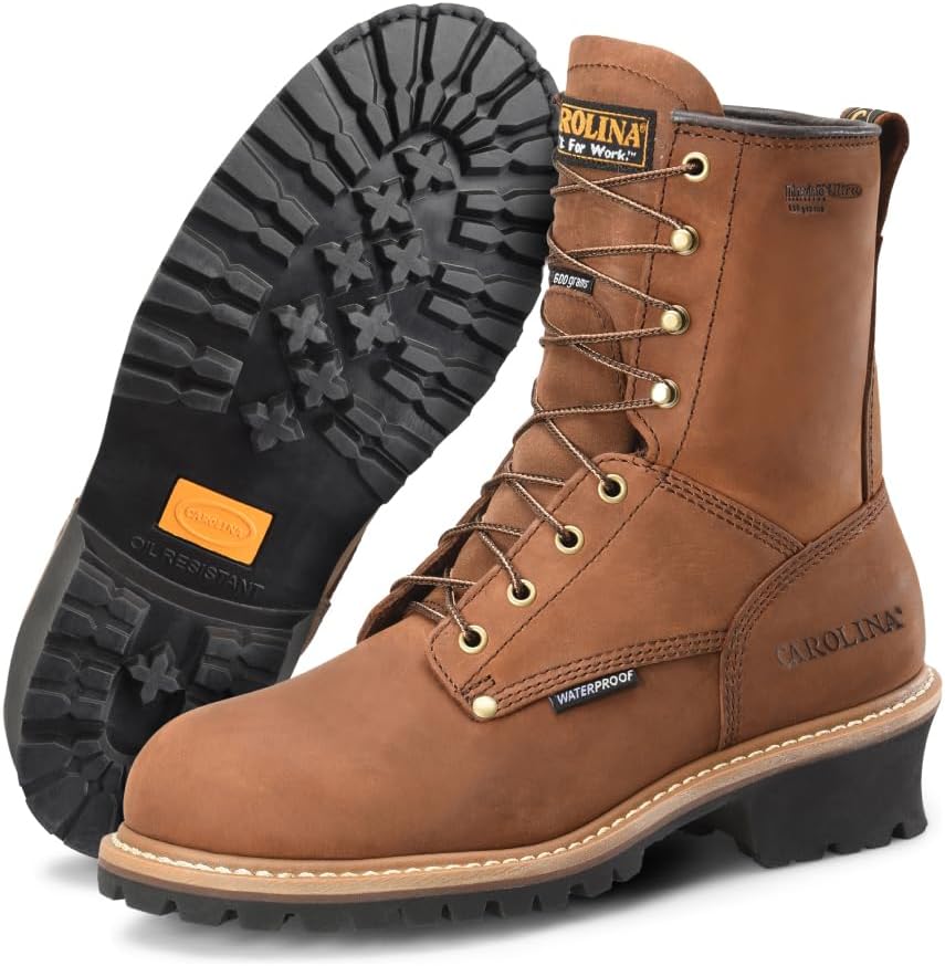 Elm 8" Soft Toe Insulated Waterproof Logger Boots for Men - 600G Thinsulate, with Oil- & Slip-Resistant Rubber Lug Outsole, EH-Rated 10.5 Wide Brown