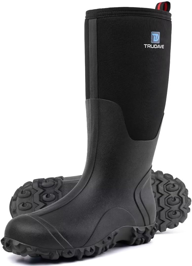 Rubber Boots for Men with Steel Shank, Waterproof Insulated Reliable Rain Boots for Outdoor Work Hunting, Warm Dry 5mm Neoprene Anti-slip All-Season Mud Boots, Size 5-14 5 Black