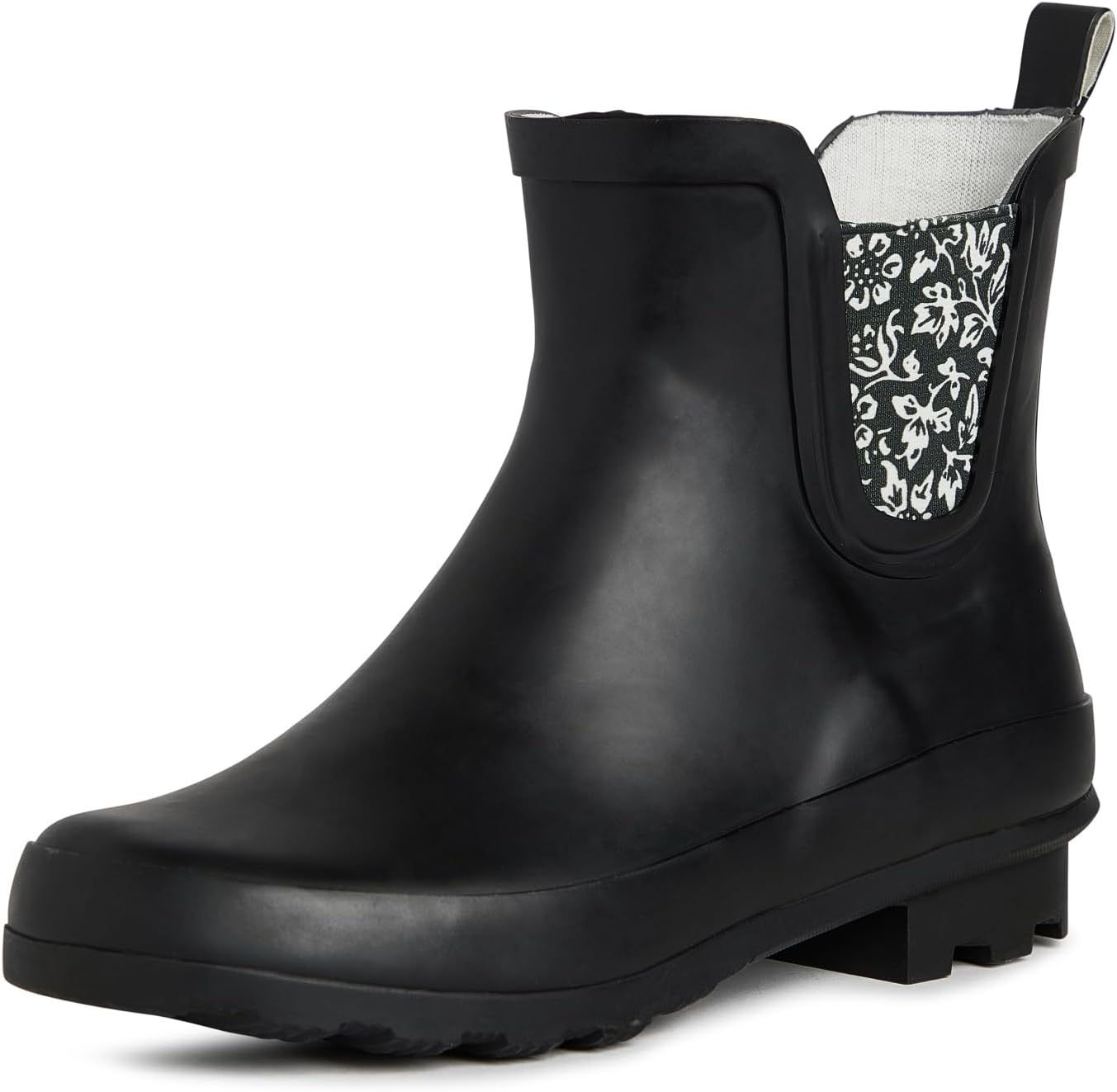 Ladies ELASTIC Mid Cut Ankle Height Rubber Rain Boots 6 Black Floral