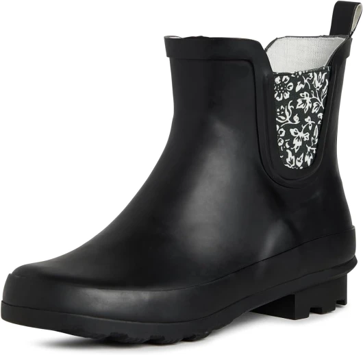 Ladies ELASTIC Mid Cut Ankle Height Rubber Rain Boots 6 Black Floral