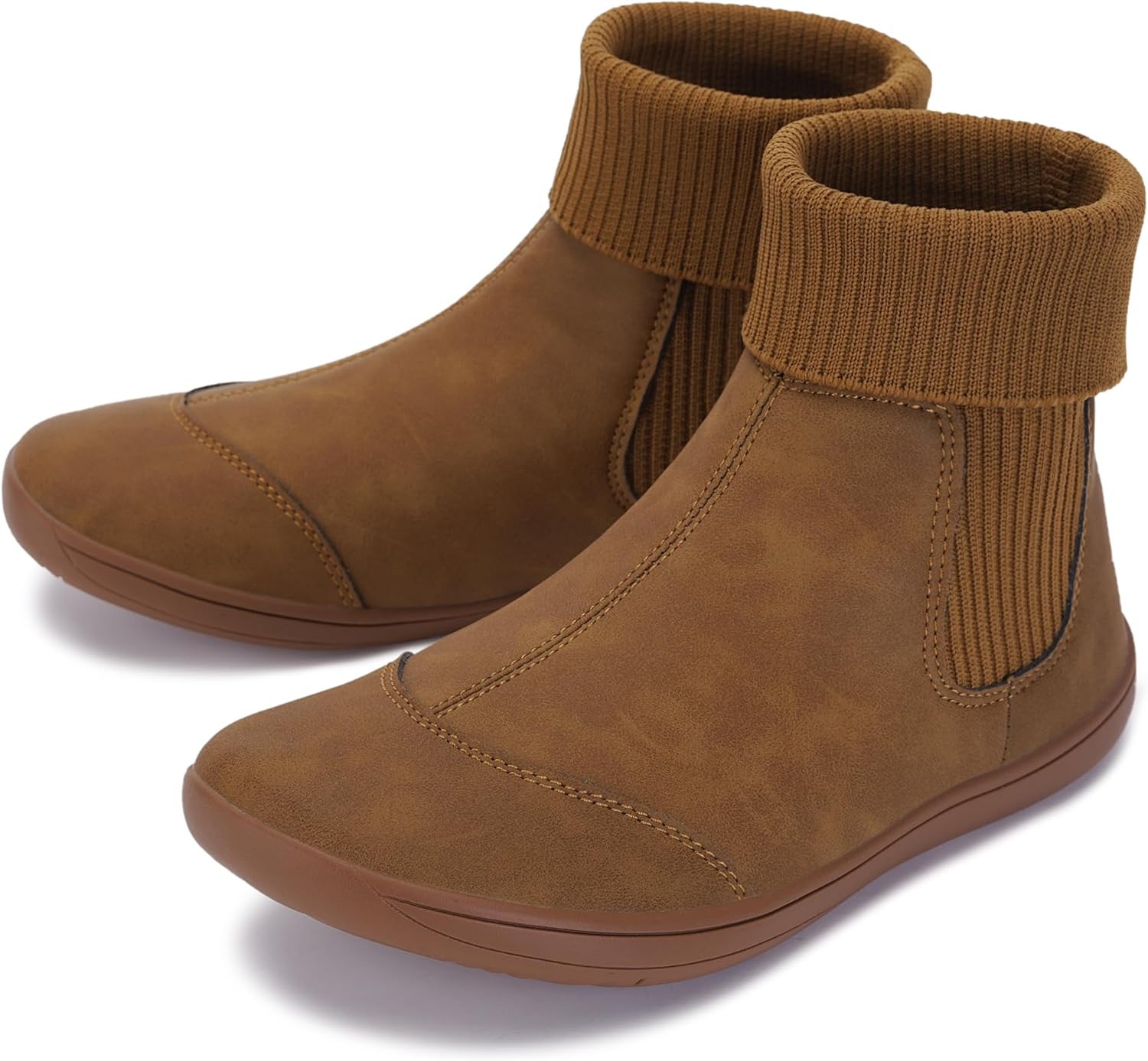 Women's Wide Barefoot Ankle Boots - Minimalist Chelsea Styles - Zero Drop - Stacked Sock-like Cuffs 6 Wide W821 - Light Brown