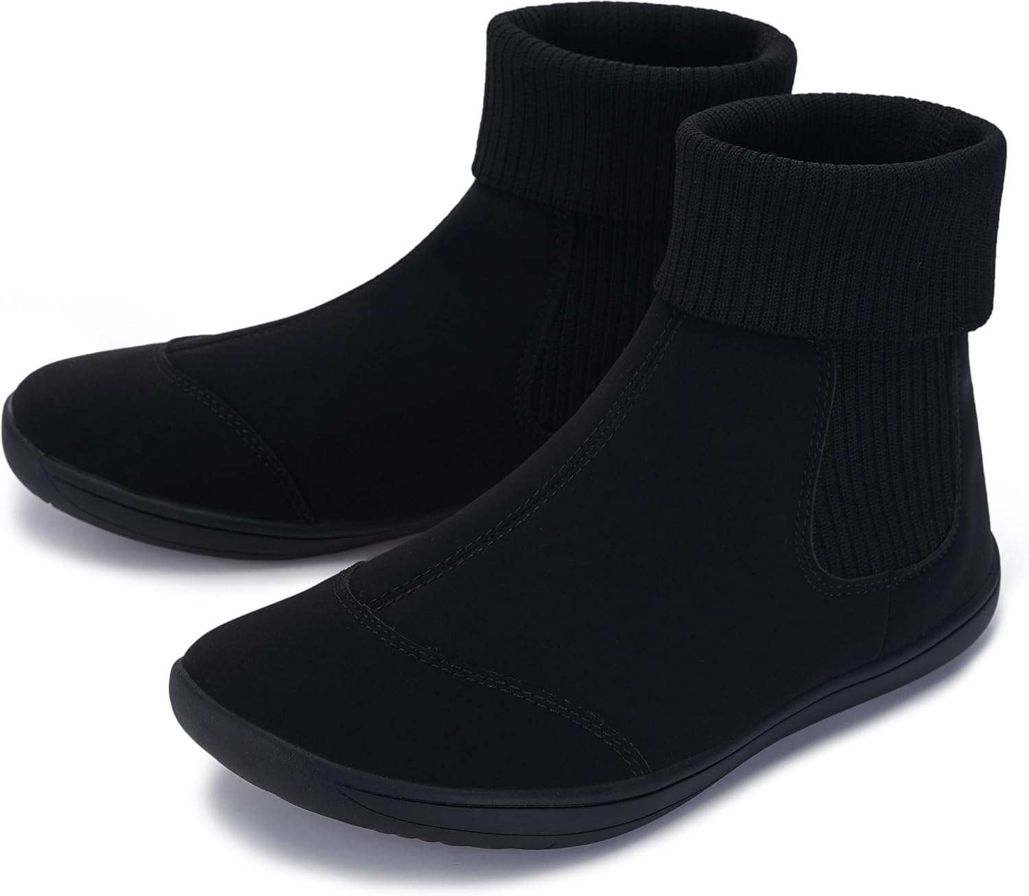 Women's Wide Barefoot Ankle Boots - Minimalist Chelsea Styles - Zero Drop - Stacked Sock-like Cuffs 6.5 Wide W821 - Black