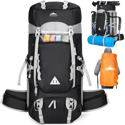 60L Hiking Backpack Waterproof Camping Backpack with Rain Cover Large Lightweight Backpacking Backpack for Men Women Black 60L