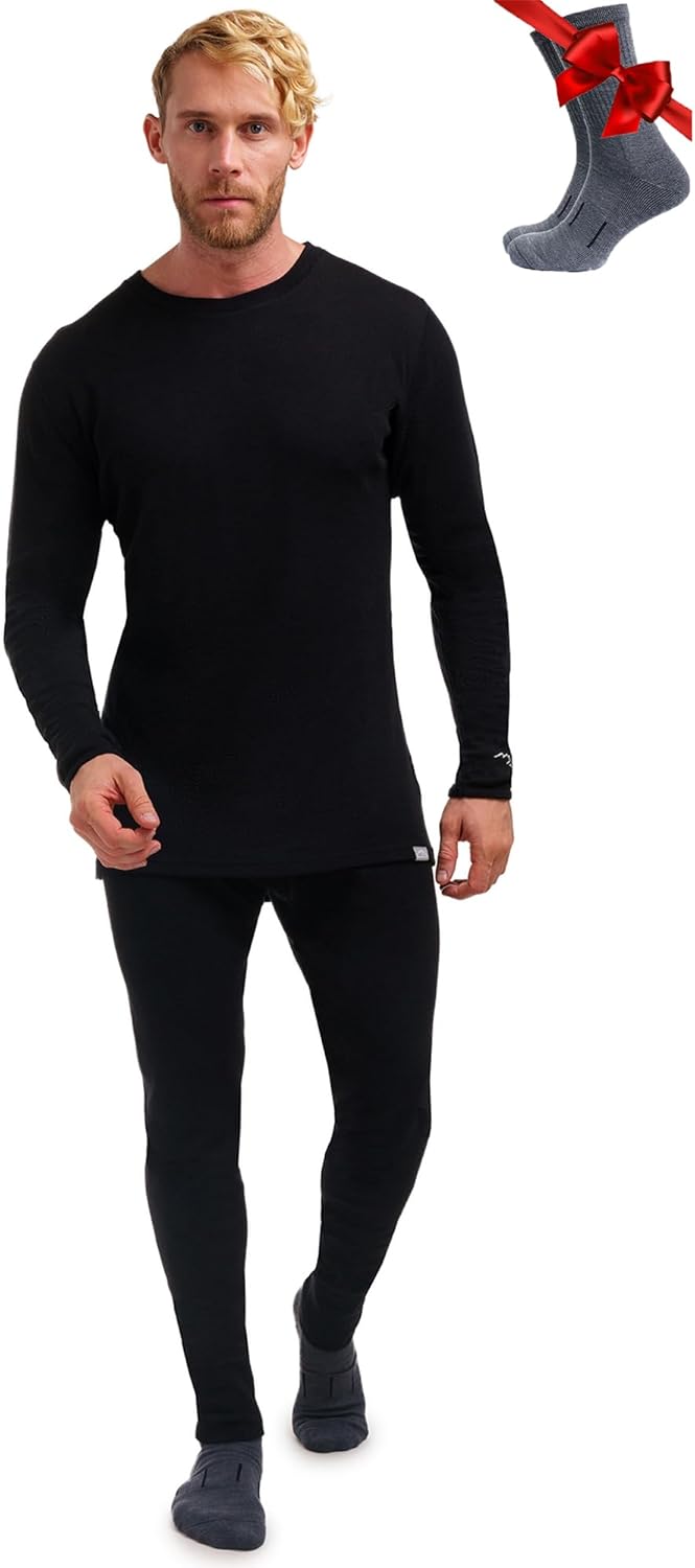Merino.tech Merino Wool Base Layer Mens Set - Heavyweight, Midweight, Lite Merino Wool Thermal Underwear For Men Top, Bottom Large .250 Black Set