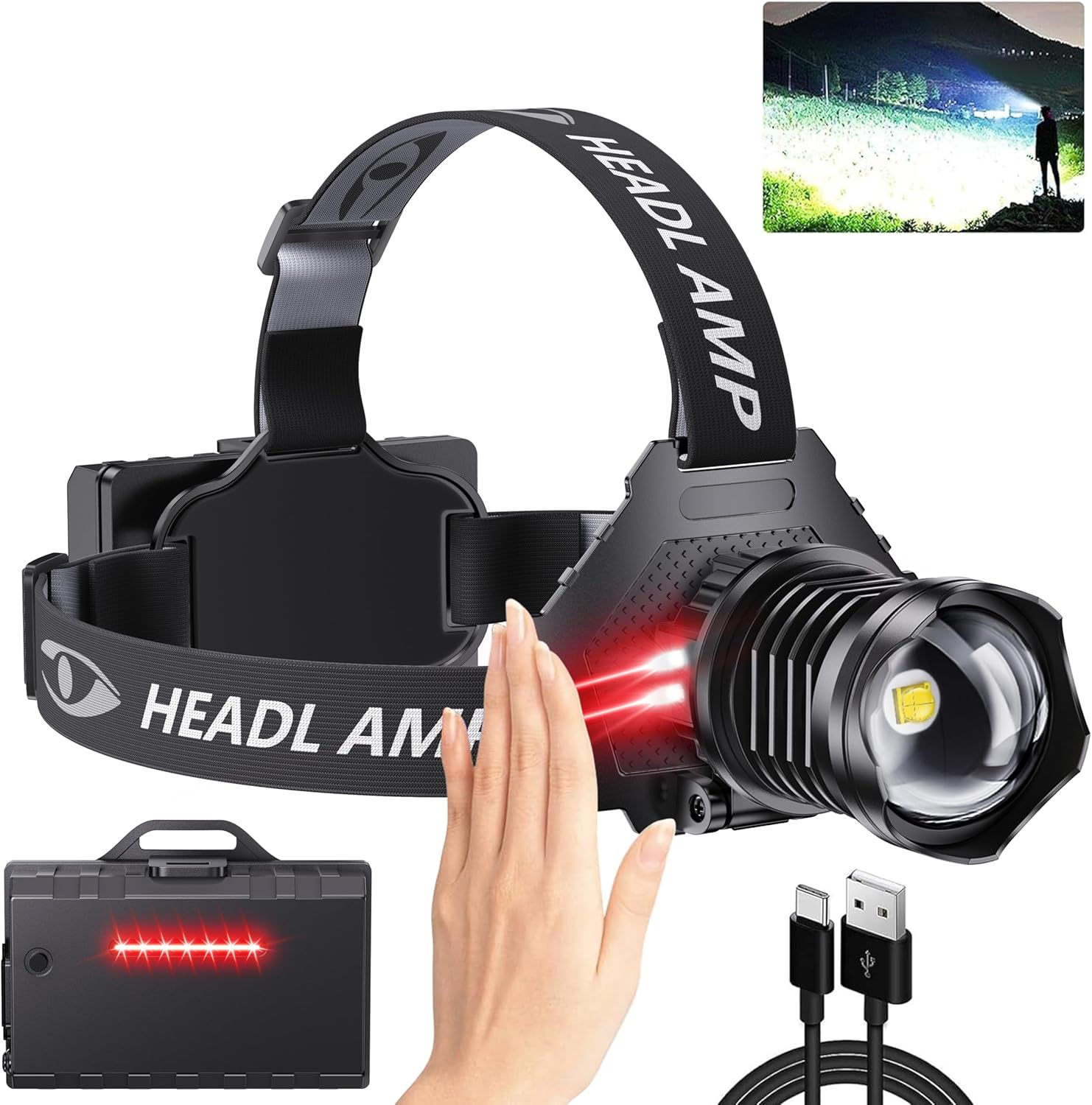 LED Rechargeable Headlamp, High Lumens Super Bright with 5 Modes & IPX7 Level Waterproof USB Rechargeable Zoom Headlamp, 90° Adjustable for Outdoor Camping, Running, Cycling, Climbing MR-AG