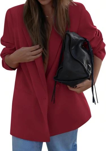 Fall 2025 Blazers for Women Business Casual Long Sleeve Lapel Pockets Dressy Suit Jackets Work Office Clothes Burgundy Large
