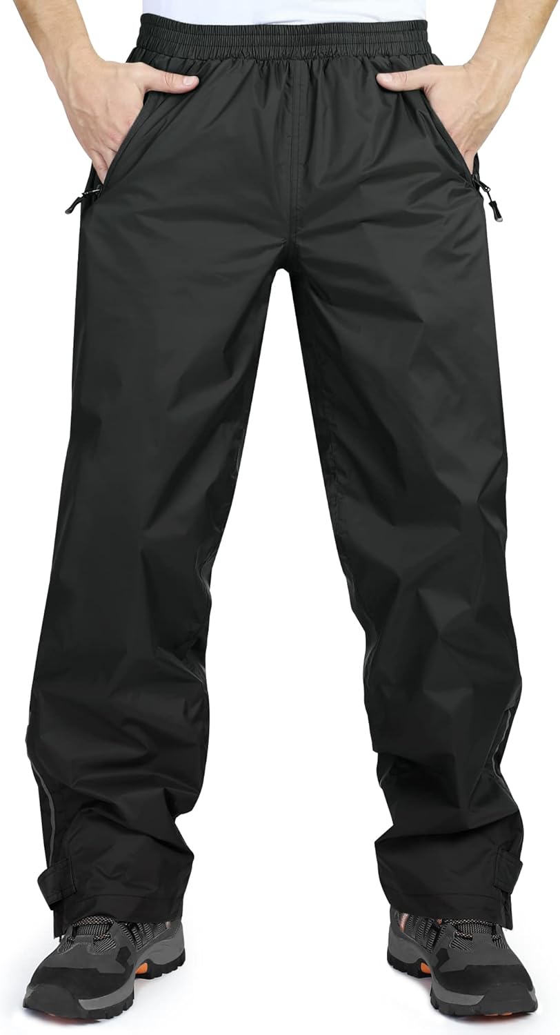 33,000ft Men's Rain Pants, Waterproof Rain Over Pants, Windproof Outdoor Pants for Hiking, Fishing 34W x 32L Black