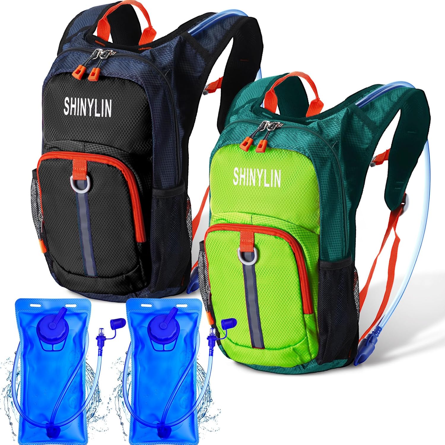 2 Pcs Kids Hydration Backpack with 1.5l Water Bladder Lightweight Kids Hiking Backpack Water Rucksack for Boys Girls Climbing Running Green, Black