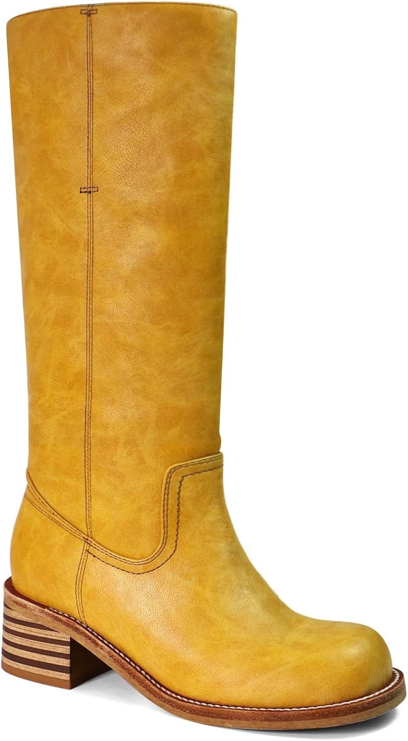 Women's Knee High Boots Chunky Block Heel Long Boots Square Toe Low Heel Boots for Women 9.5 Yellow