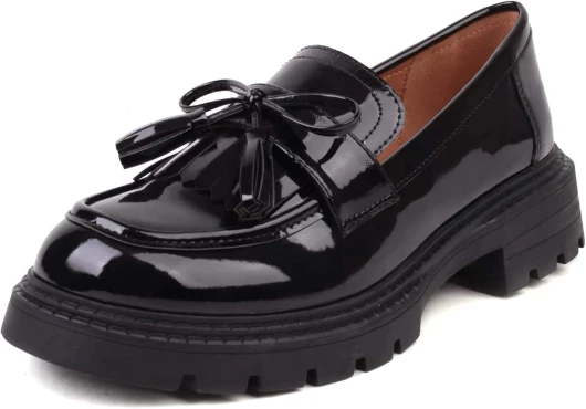 British Style Women's Fashion Loafers, Patent Leather Tassel Loafers, Black Thick-Soled Loafers, Slip-on Thick-Soled Loafers, Simple Casual Flat Shoes, Plus Size Shoes - 7.5 Black