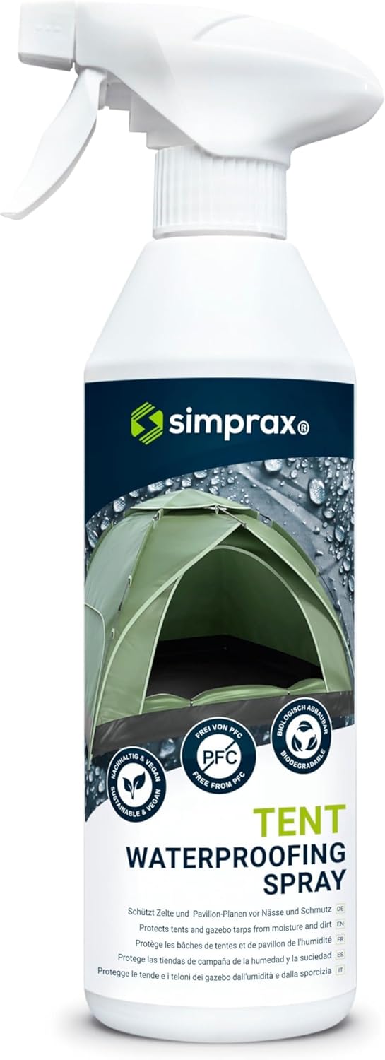 Simprax® Tent Waterproofing Spray - Certified Eco-Friendly, UV-Stable & Biodegradable Waterproof Spray - Made in Germany - Waterproofing Spray Enhances Water-Repellency for Tent & Technical Textiles 16.9oz