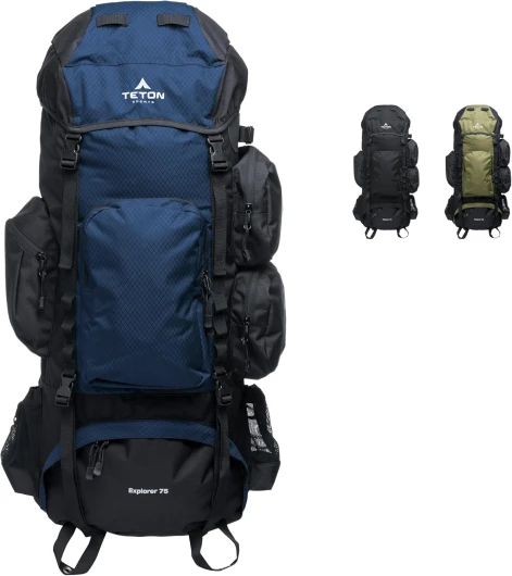 Teton 75L Explorer Internal Frame Backpack for Hiking, Camping, Backpacking, Rain Cover Included Ocean 75L