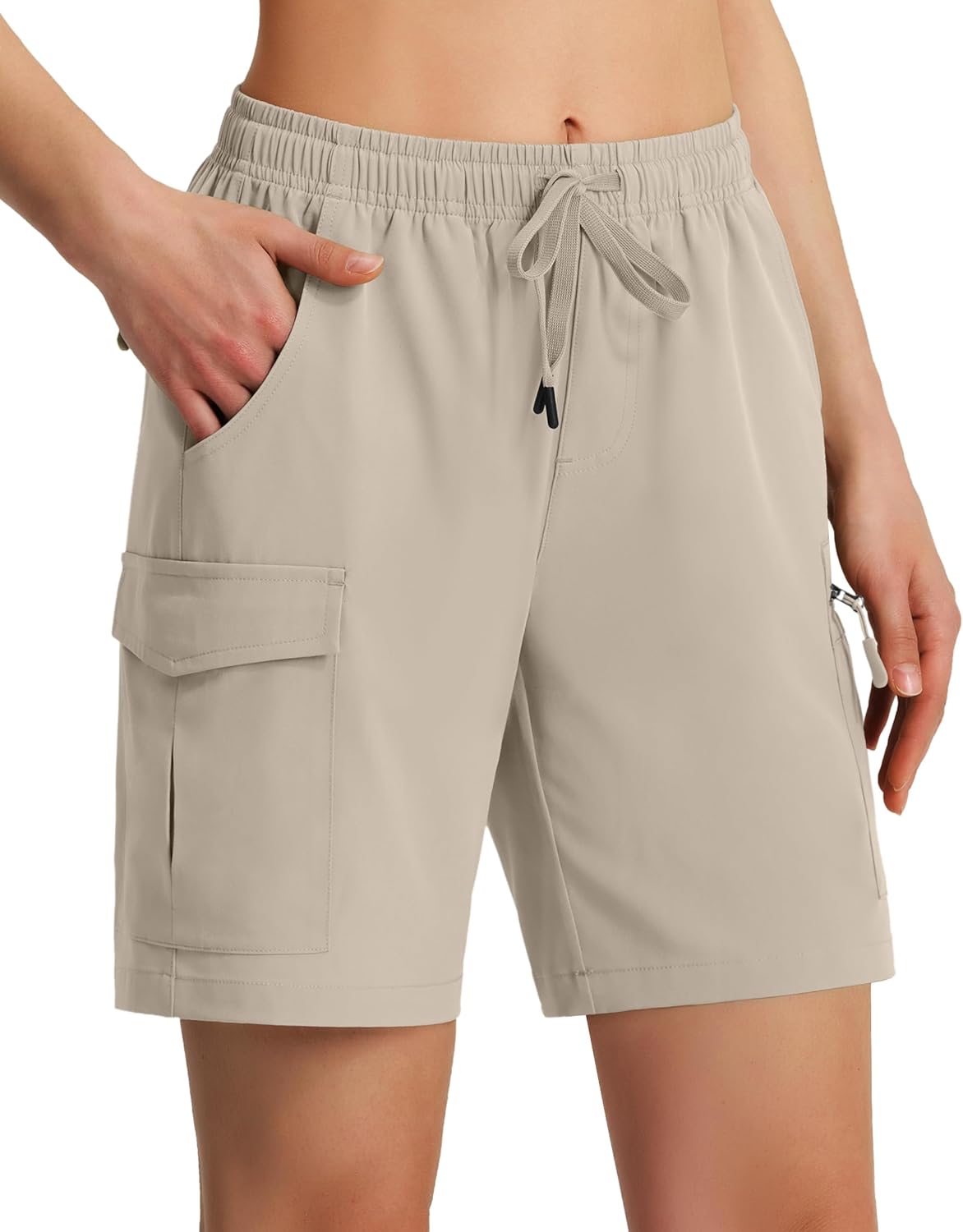 Women's 7" Hiking Cargo Shorts Lightweight Quick Dry Ladies Summer Shorts with Zipper Pockets for Travel Golf Large Khaki