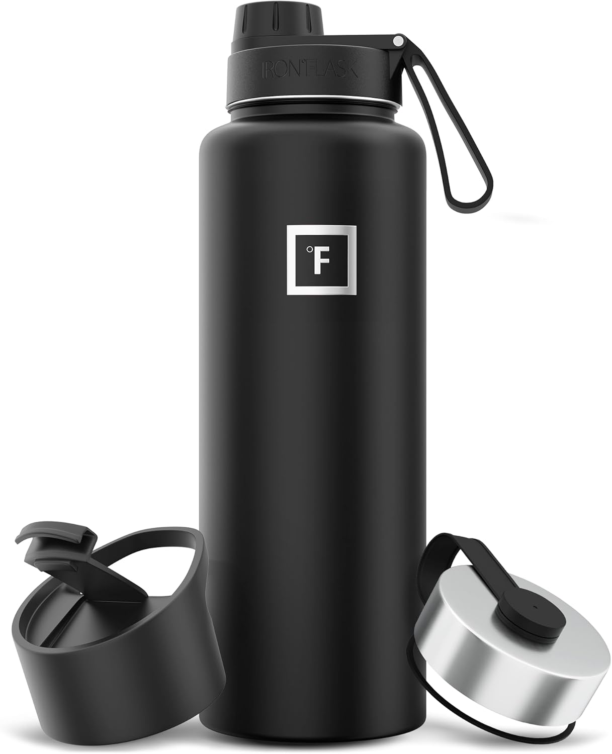 IRON °FLASK Camping & Hiking Hydration Flask with 3 Lids - Stainless Steel, Double Walled & Vacuum Insulated Water Bottle - Leak Proof & BPA Free (Midnight Black, Spout - 40 oz) 40 Ounces Midnight Black